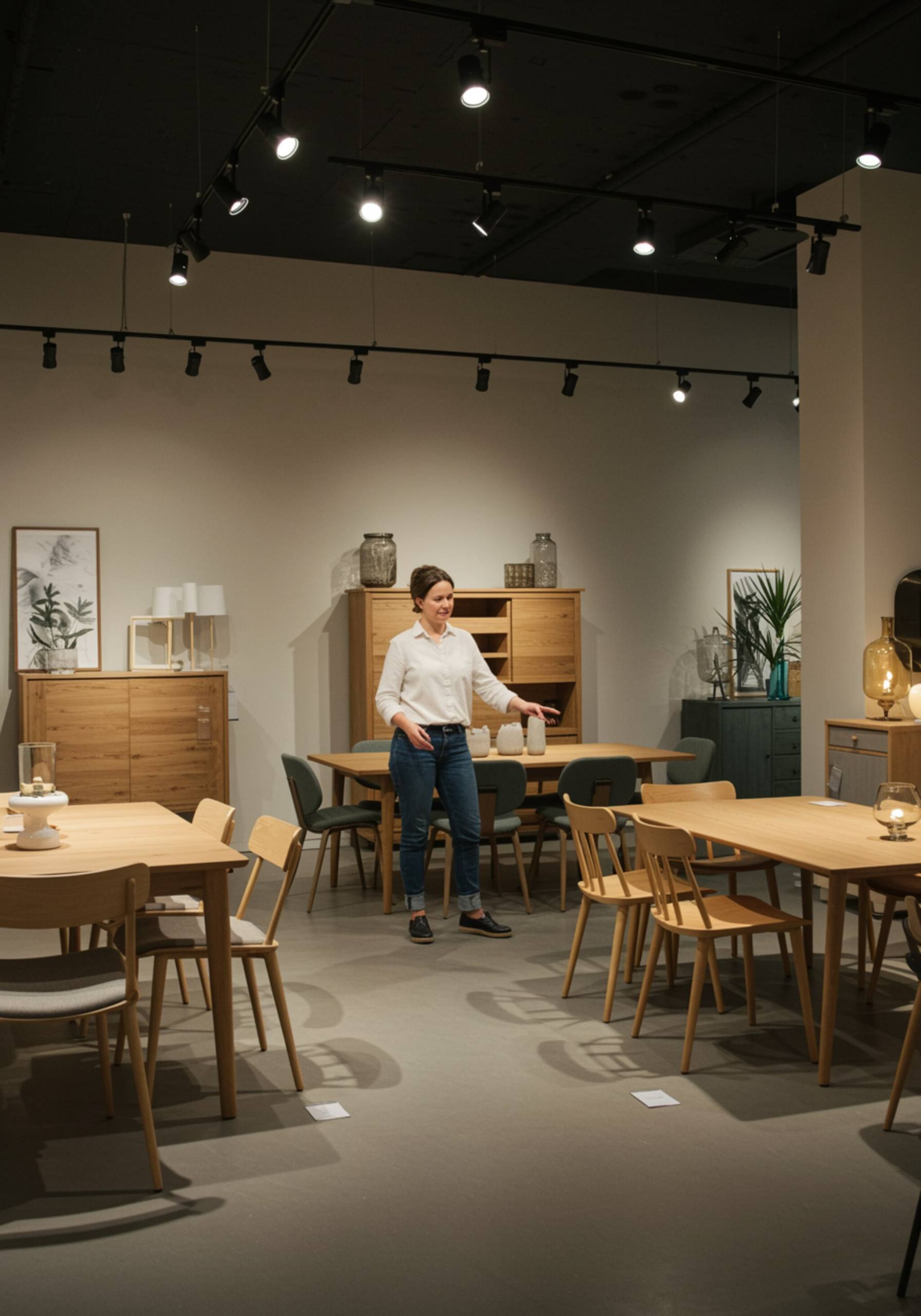 "Interior fotorealista de showroom con mobiliario diverso y mujer sonriente en ropa casual, ideal para la sección 'Sobre Nosotros'."