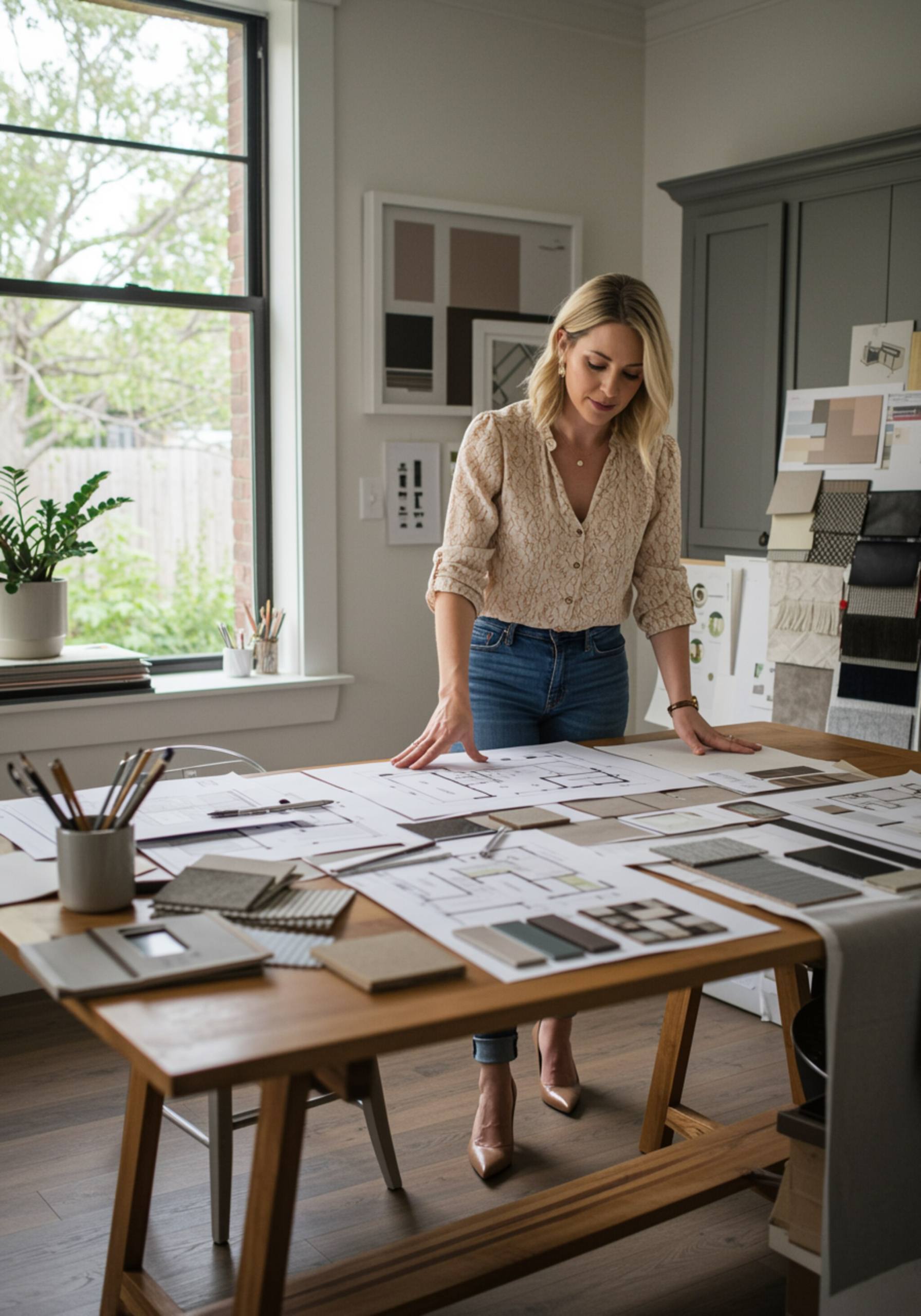 "Consulta de diseño detallada en un estudio iluminado, con una mujer blanca en blusa y jeans trabajando en planos y muestras de materiales."