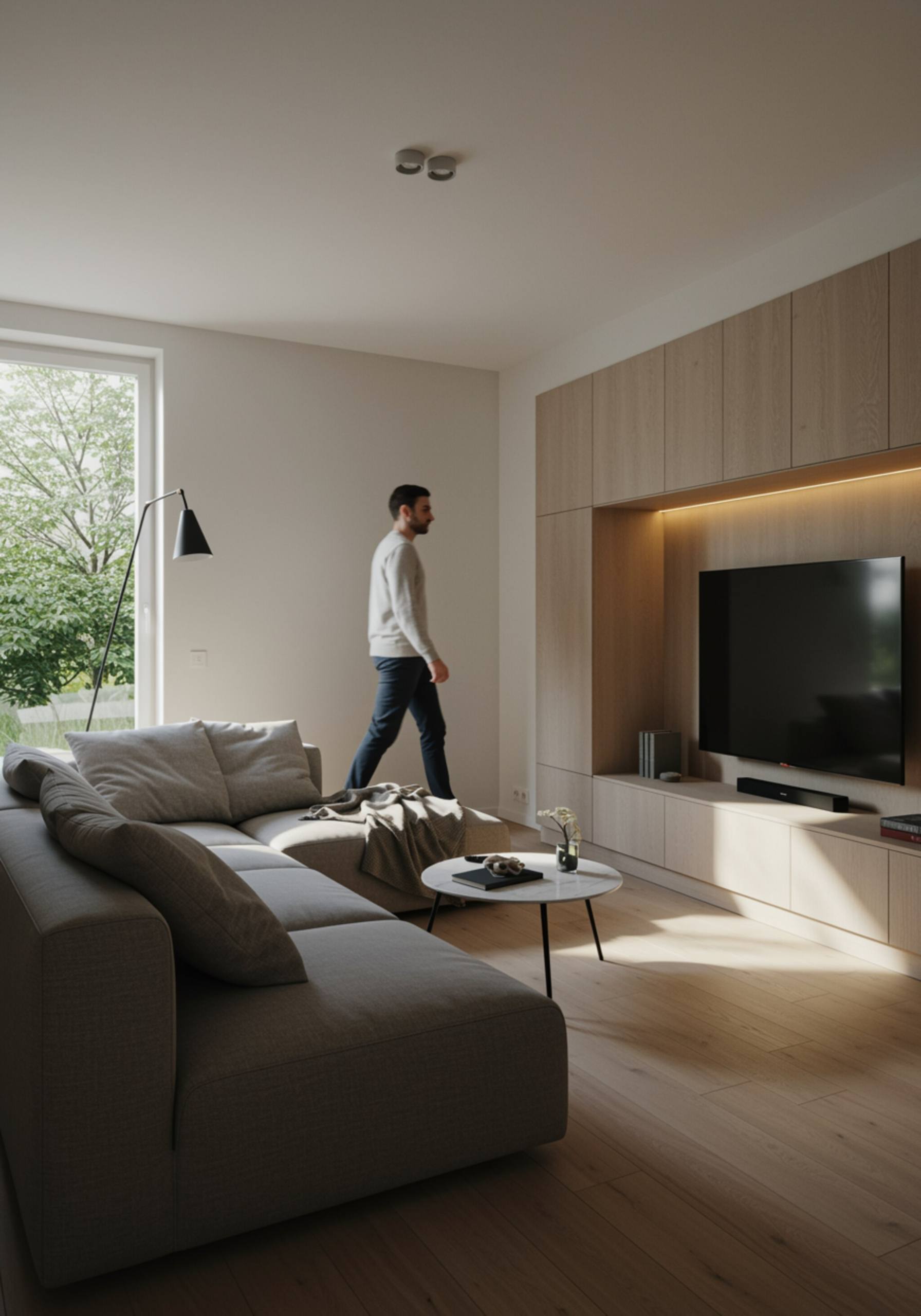 "Espacio de sala de estar de concepto abierto con un hombre vestido casualmente que camina hacia una consola de medios, iluminado por luz cálida de la tarde sobre suelos de madera clara y decoración moderna."