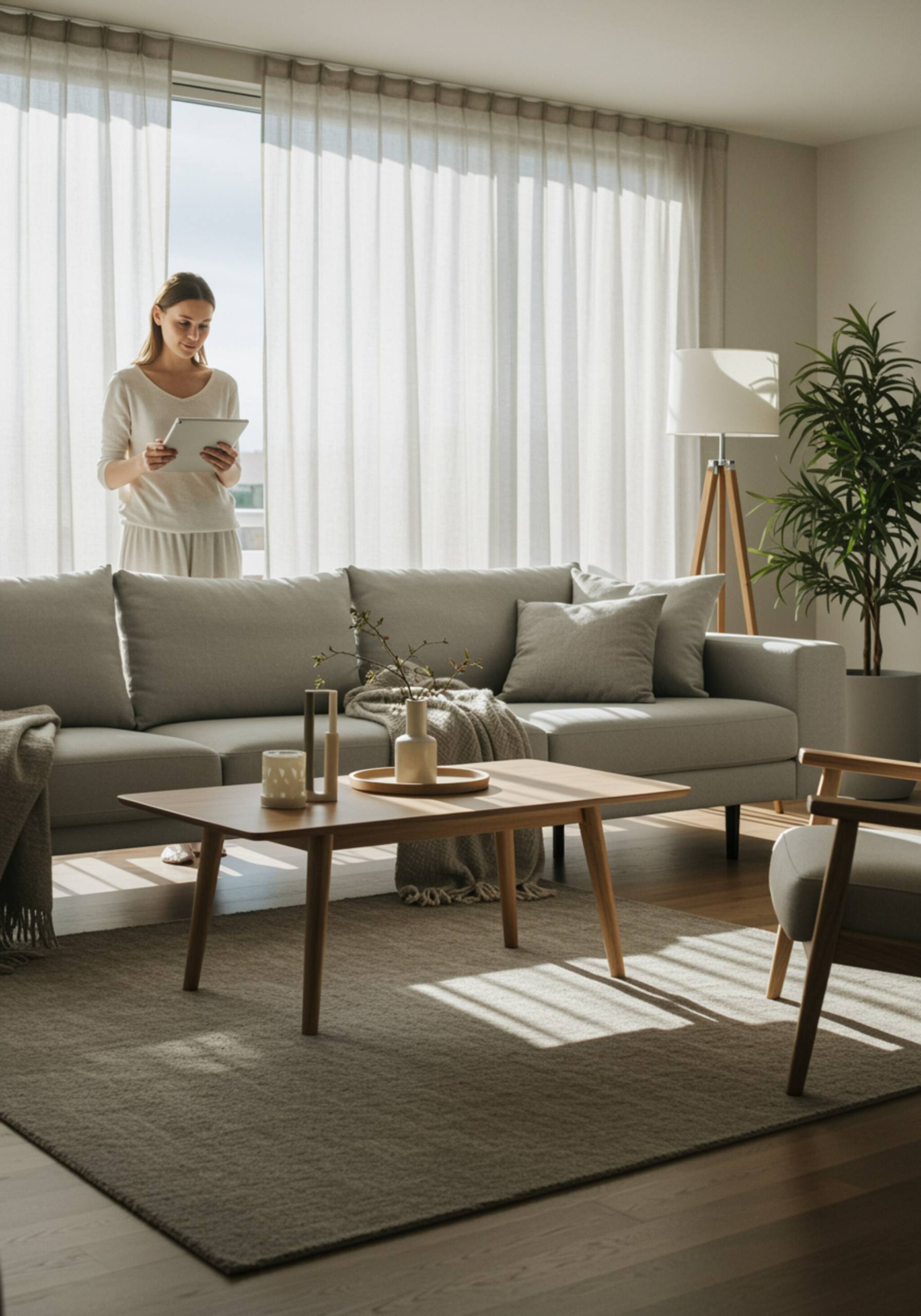 "Imagen ultra realista de un salón moderno de estilo escandinavo con una mujer sosteniendo una tableta, ideal para inspirar decoración en un sitio web de muebles."