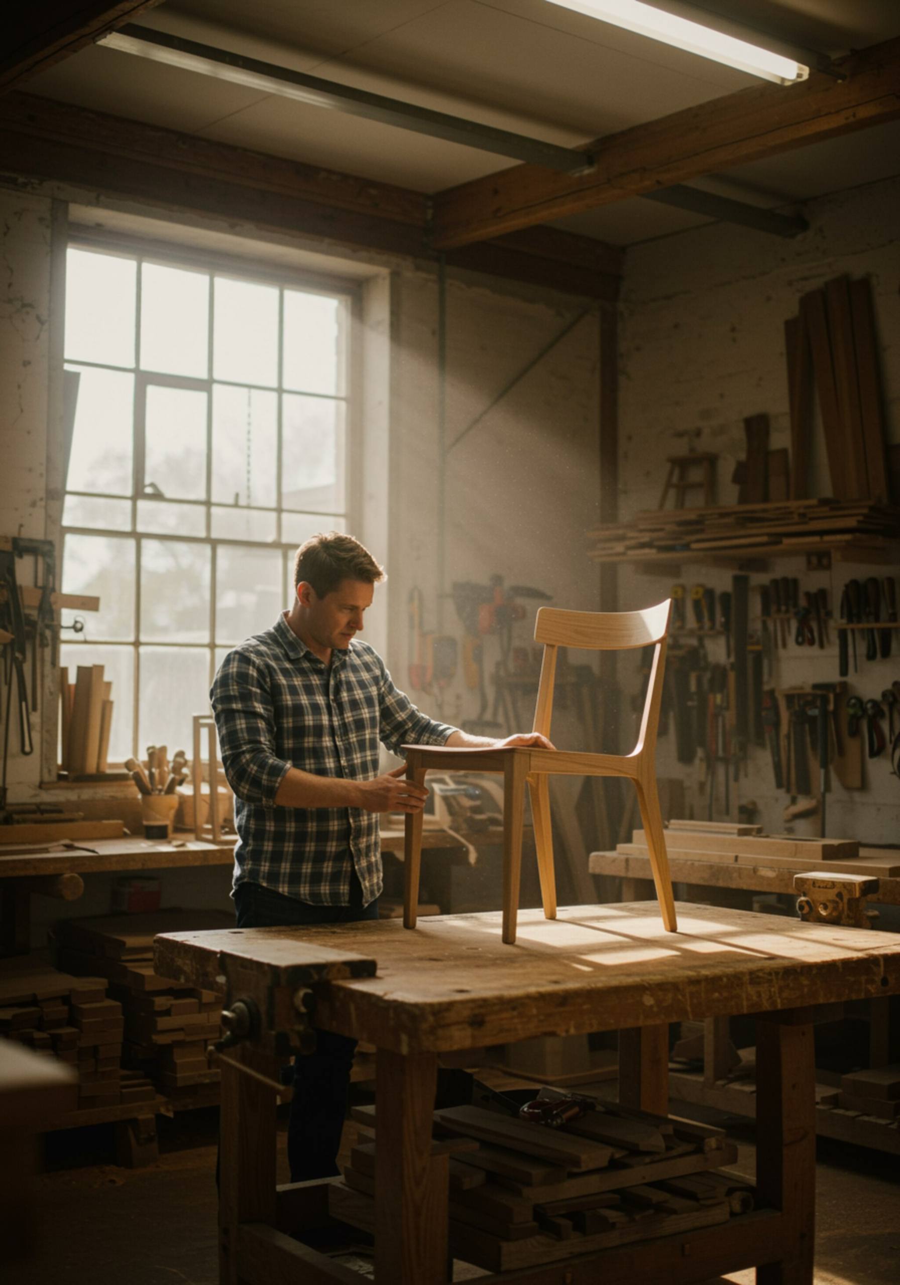 "Interior fotorealista de taller con un hombre blanco revisando un prototipo de silla de roble, rodeado de herramientas de carpintería y luz natural."