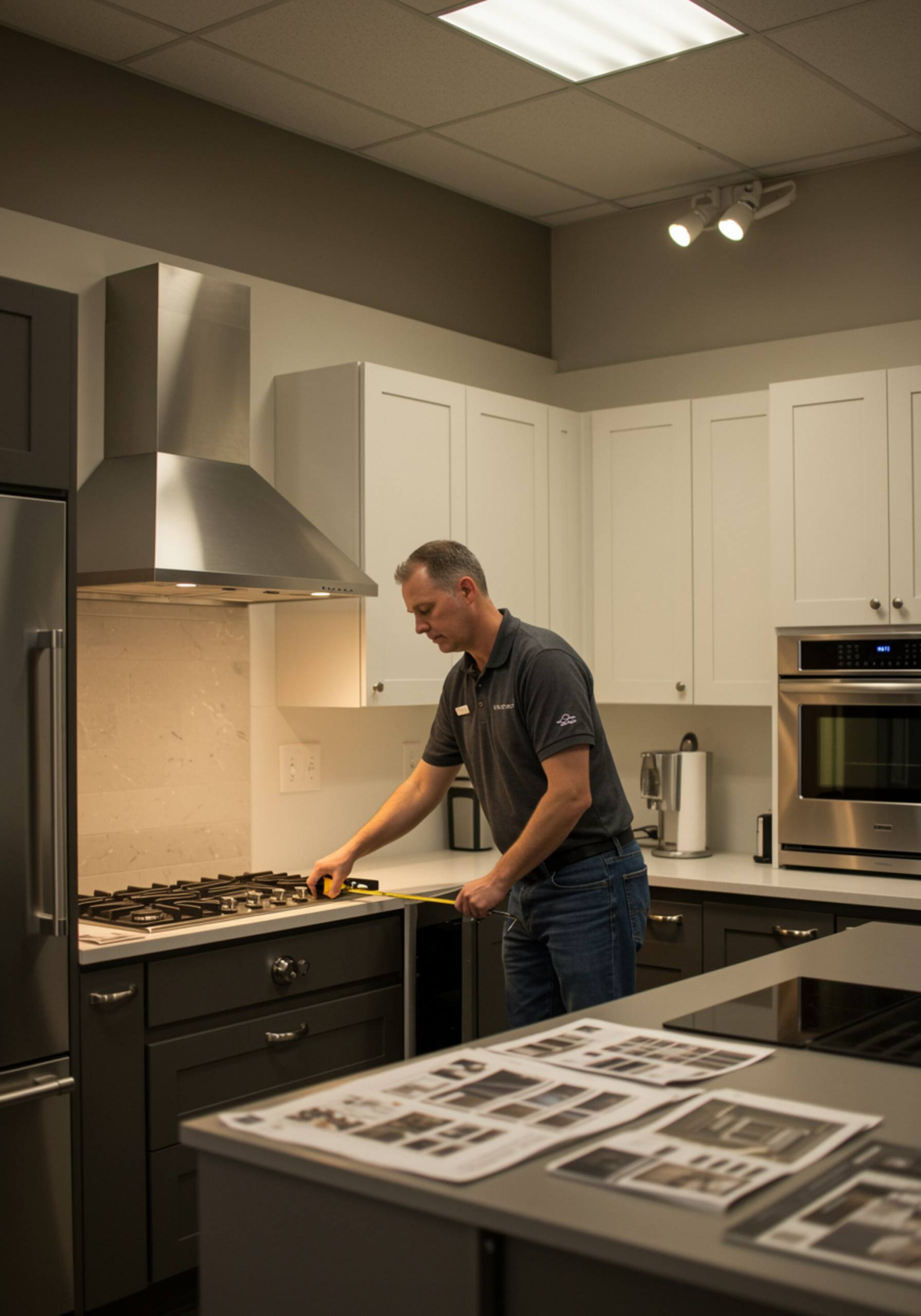 "Hombre midiendo un mueble de cocina en un showroom moderno, rodeado de muestras de electrodomésticos y gráficos de diseño."
