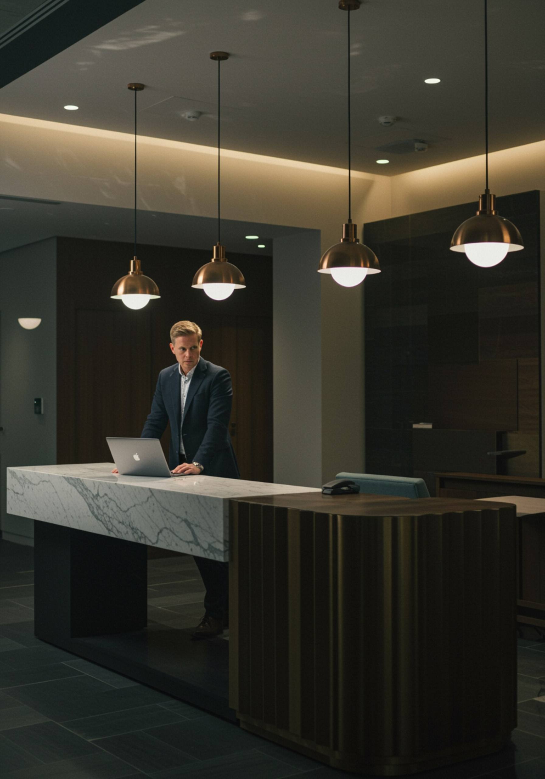 "Recepción moderna con un hombre blanco en blazer apoyado en un escritorio de mármol, laptop abierta y decoración contemporánea que transmite un ambiente profesional y acogedor."