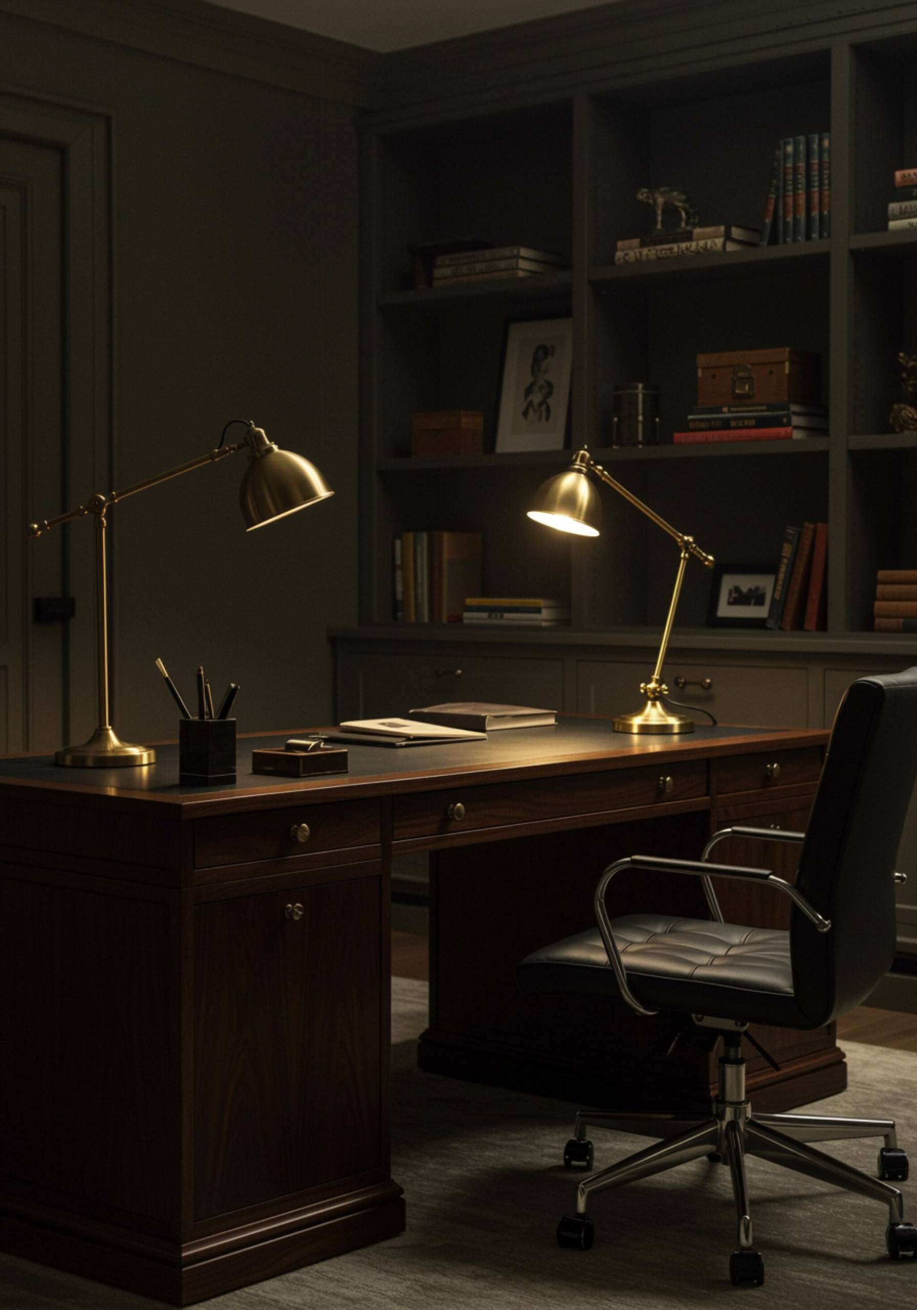 "Oficina ejecutiva ultra-realista con escritorio de nogal oscuro, silla de cuero, lámpara de escritorio de bronce y estanterías decorativas en un ambiente iluminado suavemente."