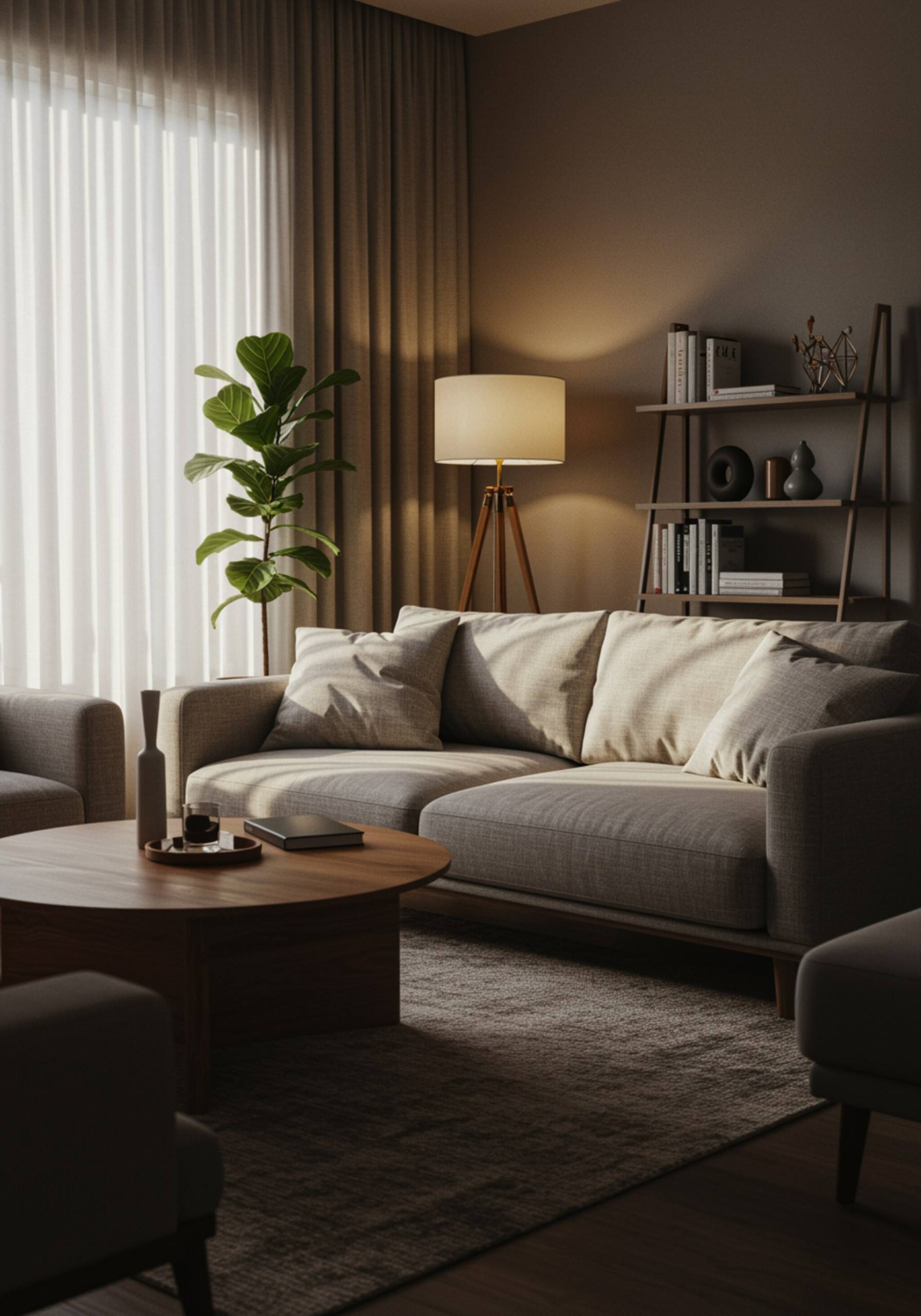 "Sala de estar moderna con sofá bicolor, mesa de café redonda, estantería minimalista y luz suave filtrada por cortinas."