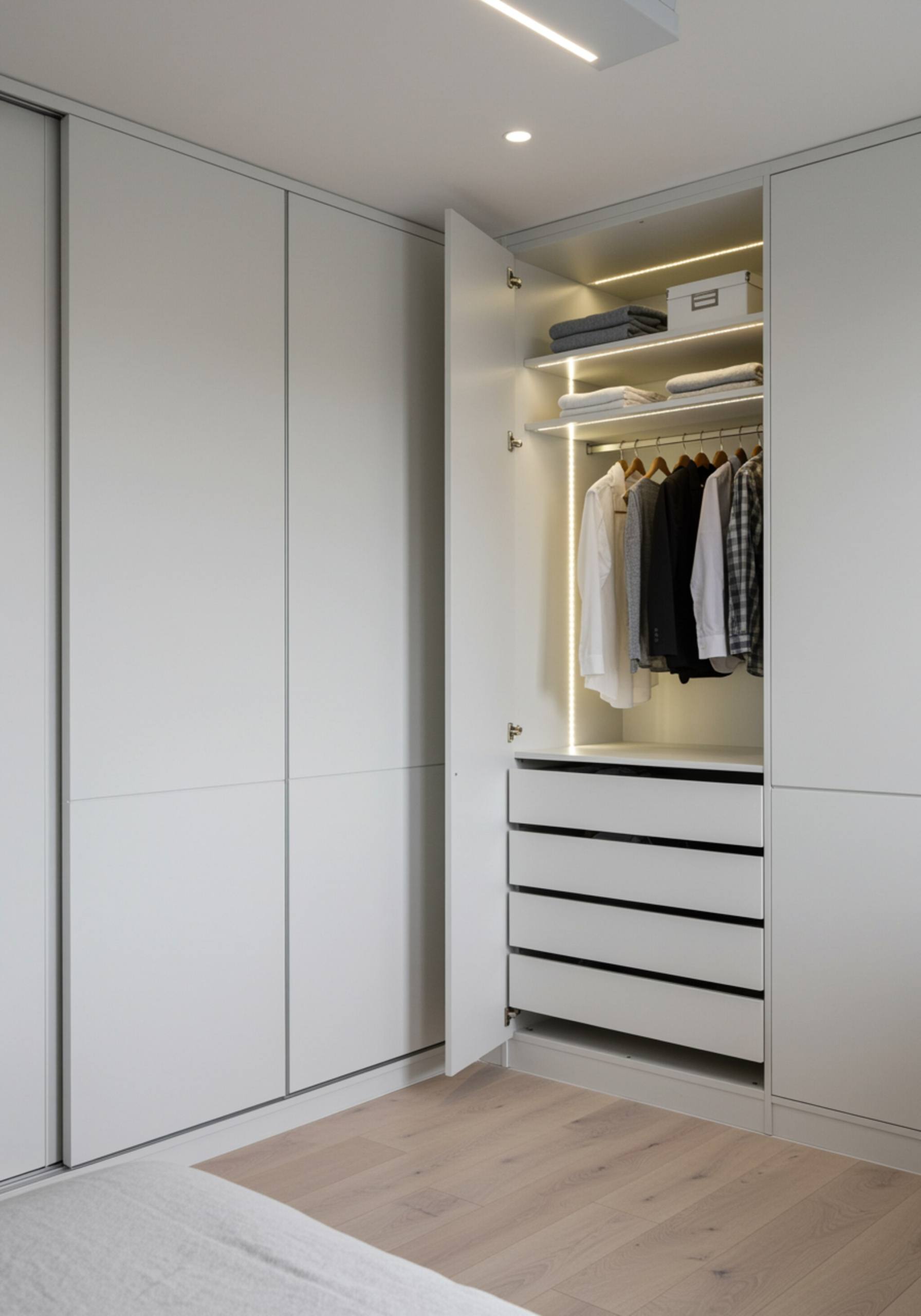 "Armario empotrado blanco de piso a techo con puertas correderas, estantes organizados, ropa colgada y luz LED en un dormitorio minimalista y luminoso con suelo de madera clara."