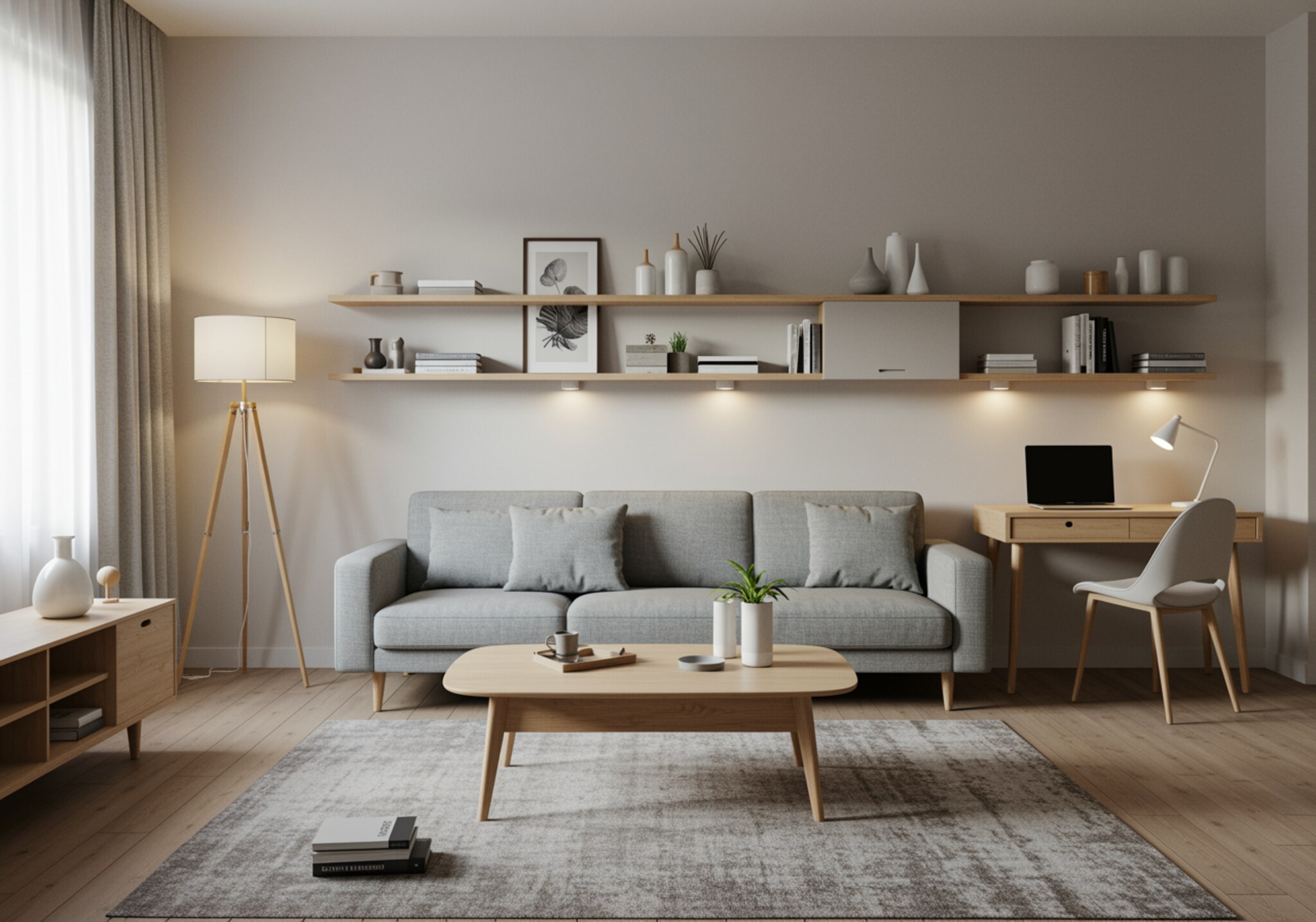 imagen46 1 "Moderno salón con sofá gris de Muebles Moreno, mesa de café de roble claro y decoración minimalista, que combina diseño y funcionalidad en un ambiente acogedor."