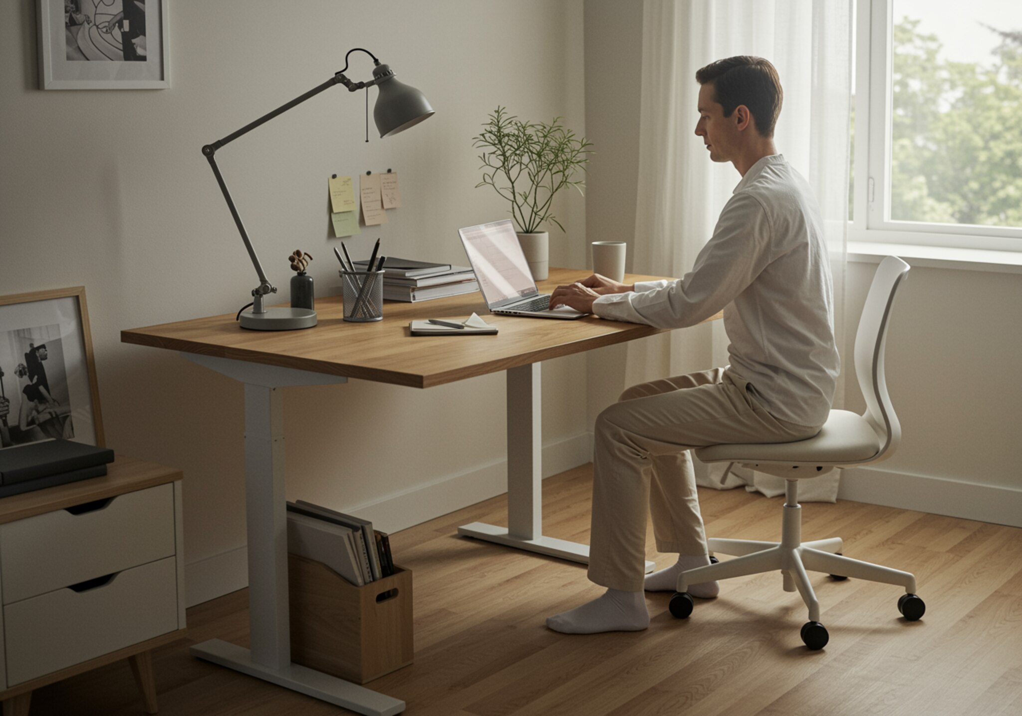 imagen46 "Oficina en casa minimalista y ergonómica con escritorio de madera noble, luz natural y decoración contemporánea."