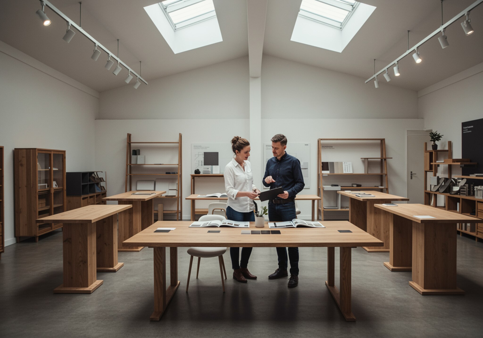 imagen47 "Showroom de muebles de alta gama con un cliente y un consultor revisando opciones de escritorios personalizados, en un ambiente luminoso y elegante con detalles escandinavos."
