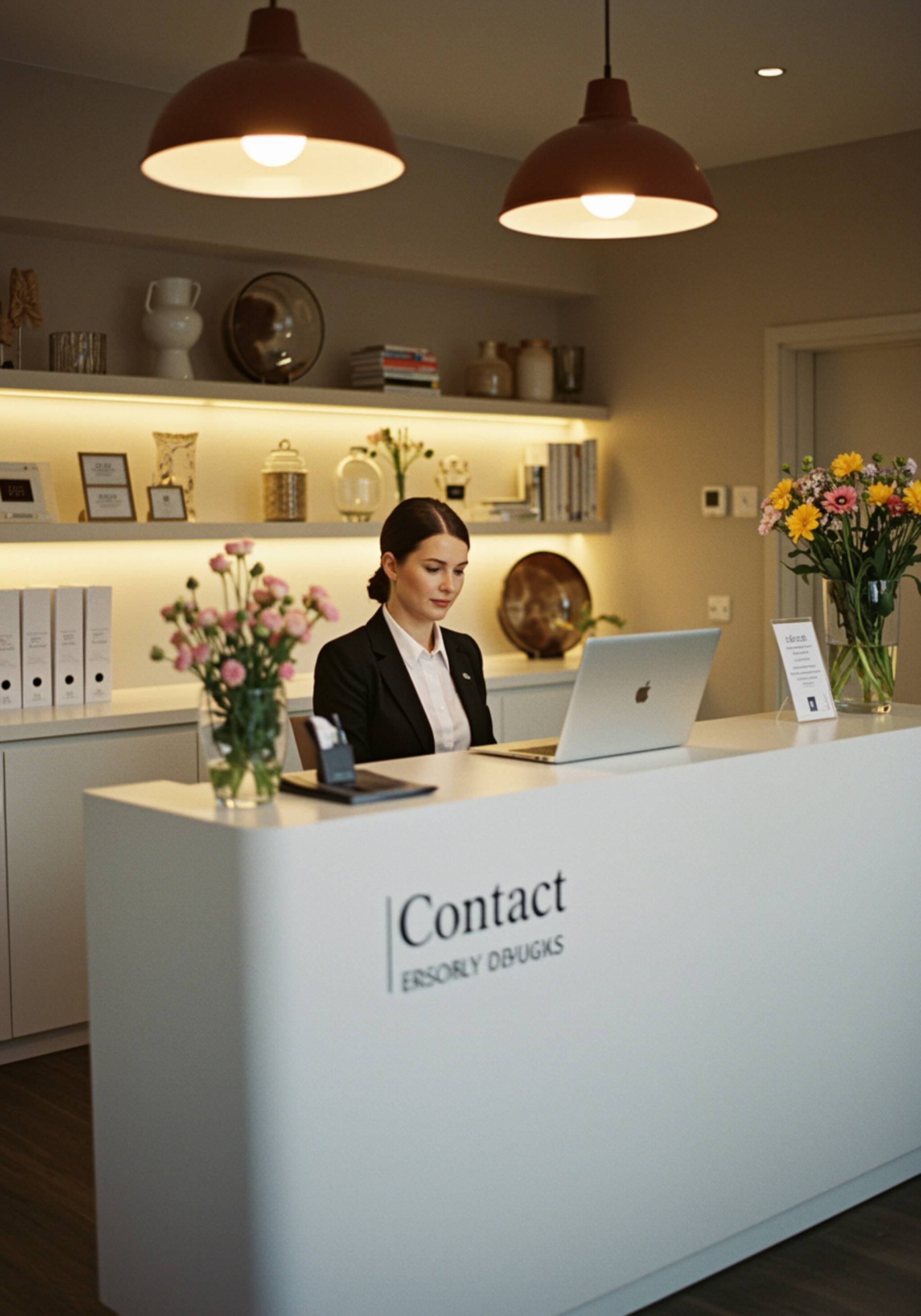 "Mesa de atención al cliente en alta definición con mujer profesional, ordenador moderno y decoración elegante en un ambiente cálido."